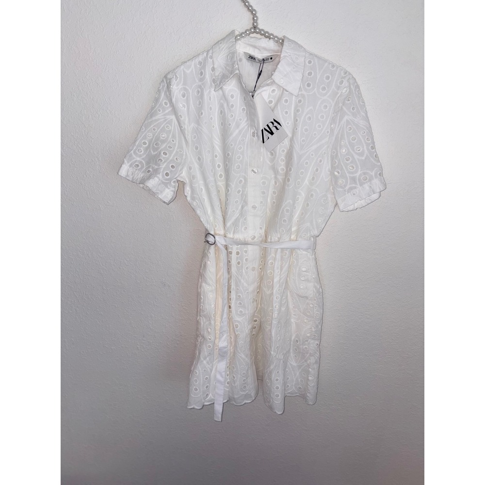 Zara Eyelet Shirt Dress medium White New Belted Scalloped Mini Embroidery - Picture 13 of 16